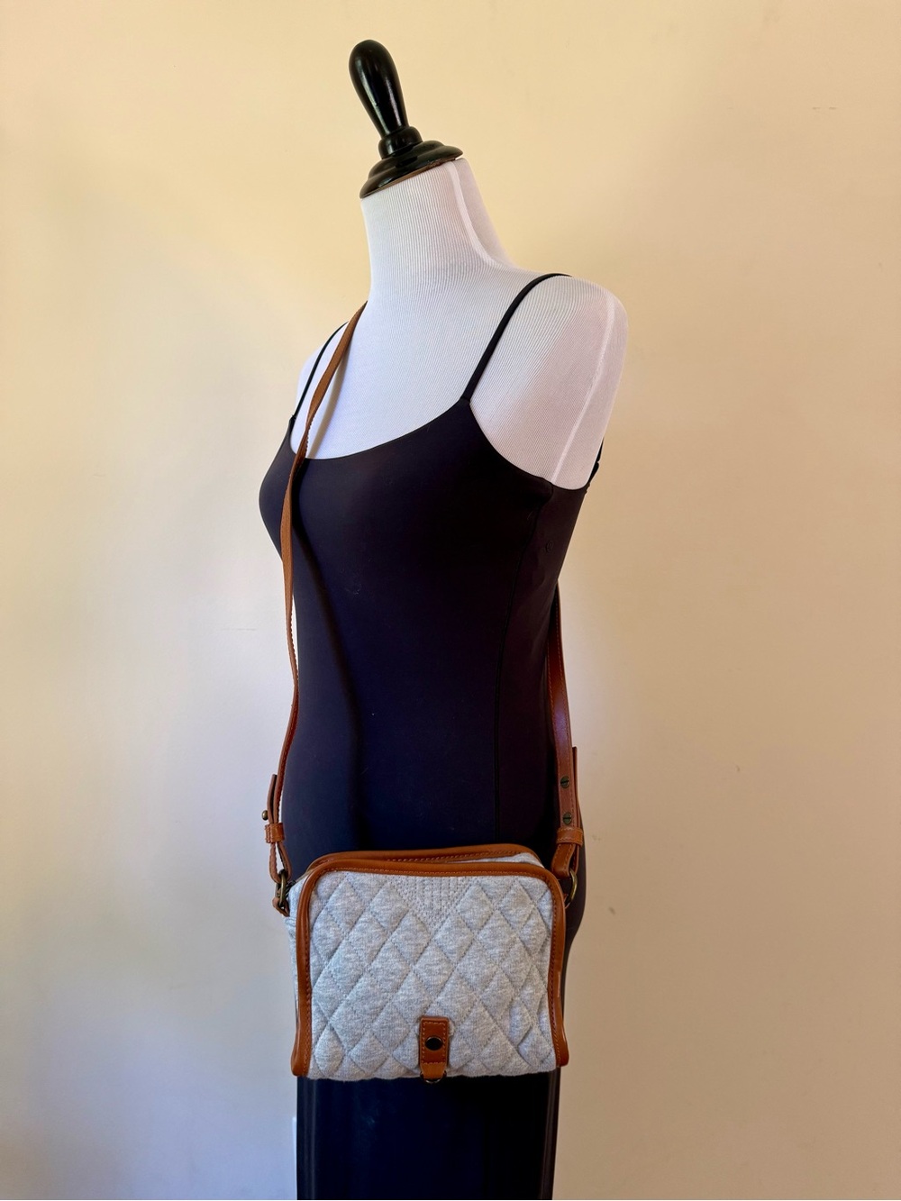 Quilted Gray Crossbody Bag with Tan Leather Trim